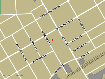 Map indicating the location of Orillia Service Canada Centre at 50 Andrew Street South in Orillia