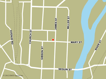 Map indicating the location of Parry Sound Service Canada Centre at 74 James Street in Parry Sound