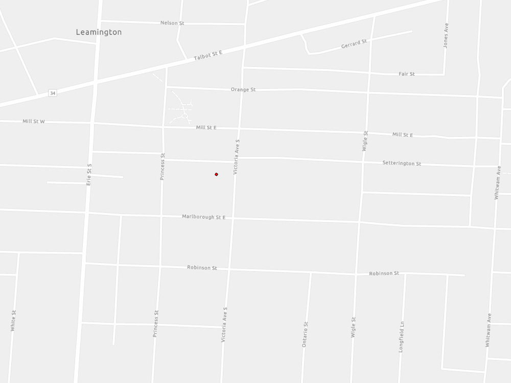 Map indicating the location of Leamington Service Canada Centre at 26 Setterington Street in Leamington
