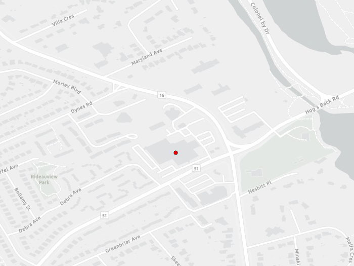 Map indicating the location of Ottawa West Service Canada Centre at 885 Meadowlands Drive East, Suite 105 (May also be accessed via 1430 Prince of Wales Drive) in Ottawa