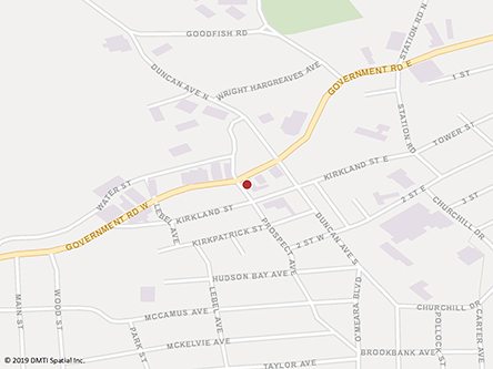 Map indicating the location of Kirkland Lake Service Canada Centre at 13 Government Road W in Kirkland Lake