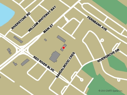 Map indicating the location of Winnipeg Rivergrove Service Canada Centre at 2599 Main Street in Winnipeg