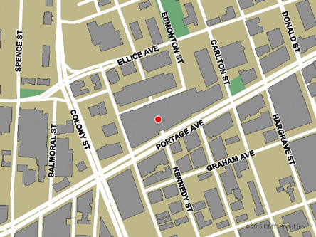Map indicating the location of Winnipeg Portage Place Service Canada Centre at 393 Portage Avenue in Winnipeg