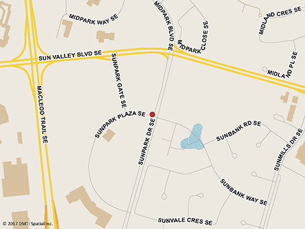 Map indicating the location of Calgary Sundance Service Canada Centre and Passport Services at 120-23 Sunpark Drive SE in Calgary