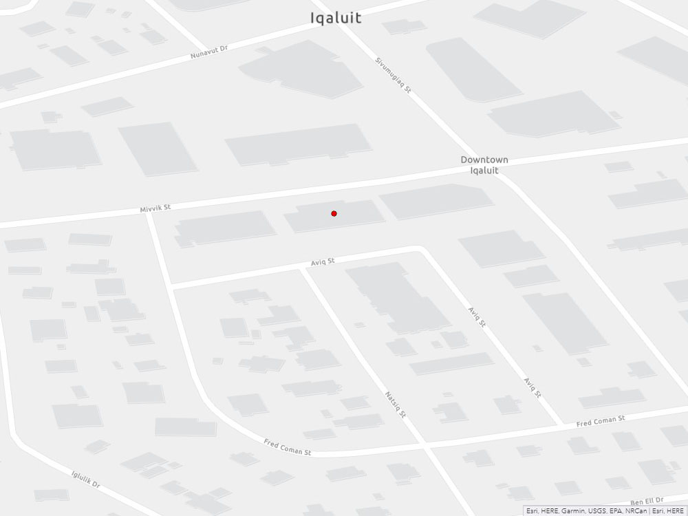 Map indicating the location of Iqaluit Service Canada Centre at 933 Mivvik Street (P.O. Box 639) in Iqaluit