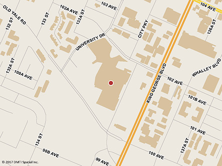 Map indicating the location of Surrey Service Canada Centre -  Passport Services at 1109 Central City, 10153 King George Boulevard in Surrey