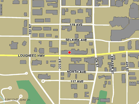 Map indicating the location of Ridge Meadows Service Canada Centre at 22325 Lougheed Highway in Maple Ridge