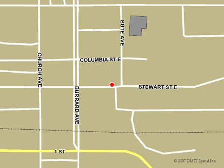 Map indicating the location of Vanderhoof Service Canada Centre at 189 Stewart Street East in Vanderhoof