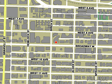 Map indicating the location of Vancouver (West Broadway) Service Canada Centre at 1263 West Broadway in Vancouver