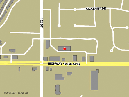 Carte routière indiquant l'emplaçement du bureau Surrey sud - Centre Service Canada situé au 103-15295, autoroute 10 à Surrey