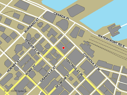 Map indicating the location of Vancouver - Sinclair Centre (Downtown) Service Canada Centre at 757 Hastings Street West in Vancouver