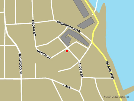 Map indicating the location of Campbell River Service Canada Centre at 950 Alder Street in Campbell River