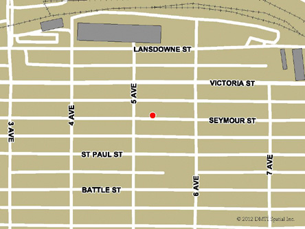 Carte routière indiquant l'emplaçement du bureau Kamloops - Centre Service Canada situé au 520, rue Seymour à Kamloops