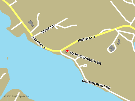 Carte routière indiquant l'emplaçement du bureau Sheet Harbour - site de services mobiles réguliers situé au 22756, autoroute 7 à Sheet Harbour