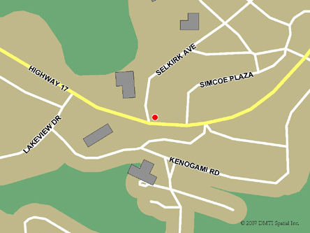 Carte routière indiquant l'emplaçement du bureau Terrace Bay - site de services mobiles réguliers situé au Autoroute 17 et avenue Selkirk à Terrace Bay