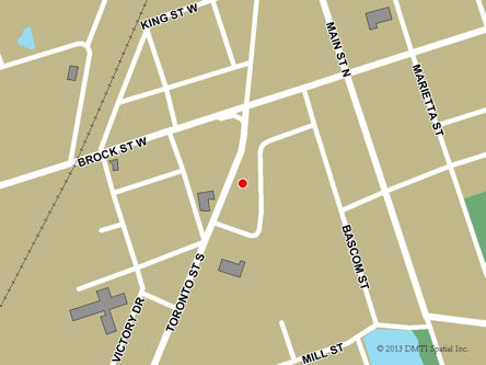 Carte routière indiquant l'emplaçement du bureau Uxbridge - site de services mobiles réguliers situé au 29, rue Toronto à Uxbridge