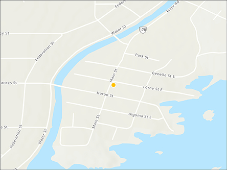 Map indicating the location of Thessalon Scheduled Outreach Site at 187 Main Street in Thessalon