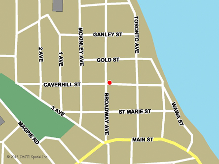 Carte routière indiquant l'emplaçement du bureau Wawa - site de services mobiles réguliers situé au 65 B, avenue Broadway à Wawa