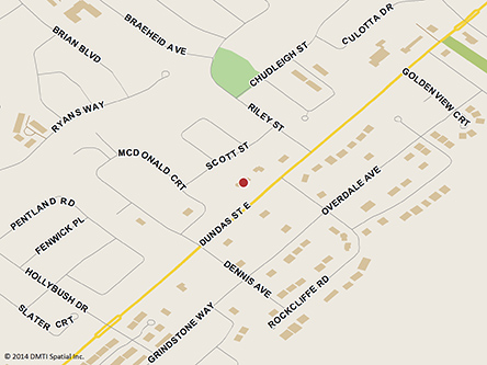 Carte routière indiquant l'emplaçement du bureau Flamborough - site de services mobiles réguliers situé au 163, rue Dundas Est à Waterdown