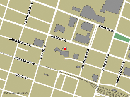 Carte routière indiquant l'emplaçement du bureau Hamilton City Hall - site de services mobiles réguliers situé au 71, rue Main Ouest à Hamilton