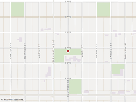 Map indicating the location of Regina North Central Scheduled Outreach Site at 3355 - 6th Avenue in Regina