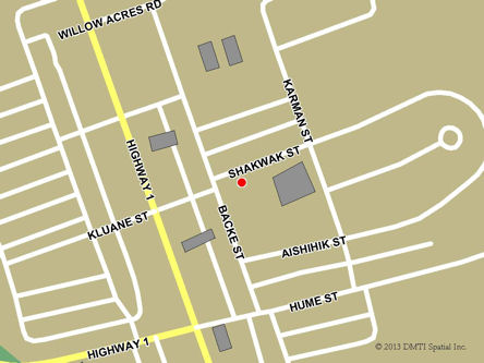 Carte routière indiquant l'emplaçement du bureau Haines Junction - site de services mobiles réguliers  situé au 178, rue Backe à Haines Junction